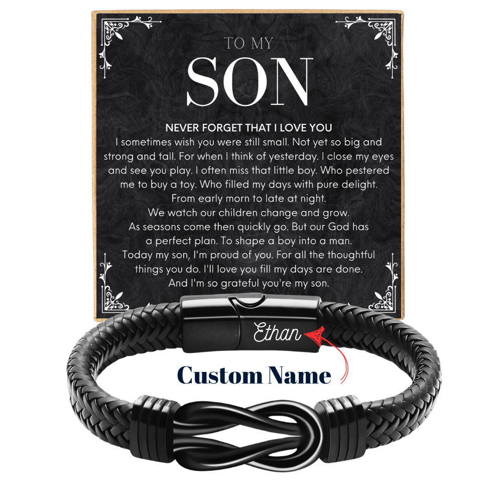 Personalized To My Son Bracelet – Custom Name Engraved Black Braided Bracelet with Heartfelt Message Card – Birthday, Graduation, Christmas Gift for Son – Sentimental Keepsake Jewelry for Him