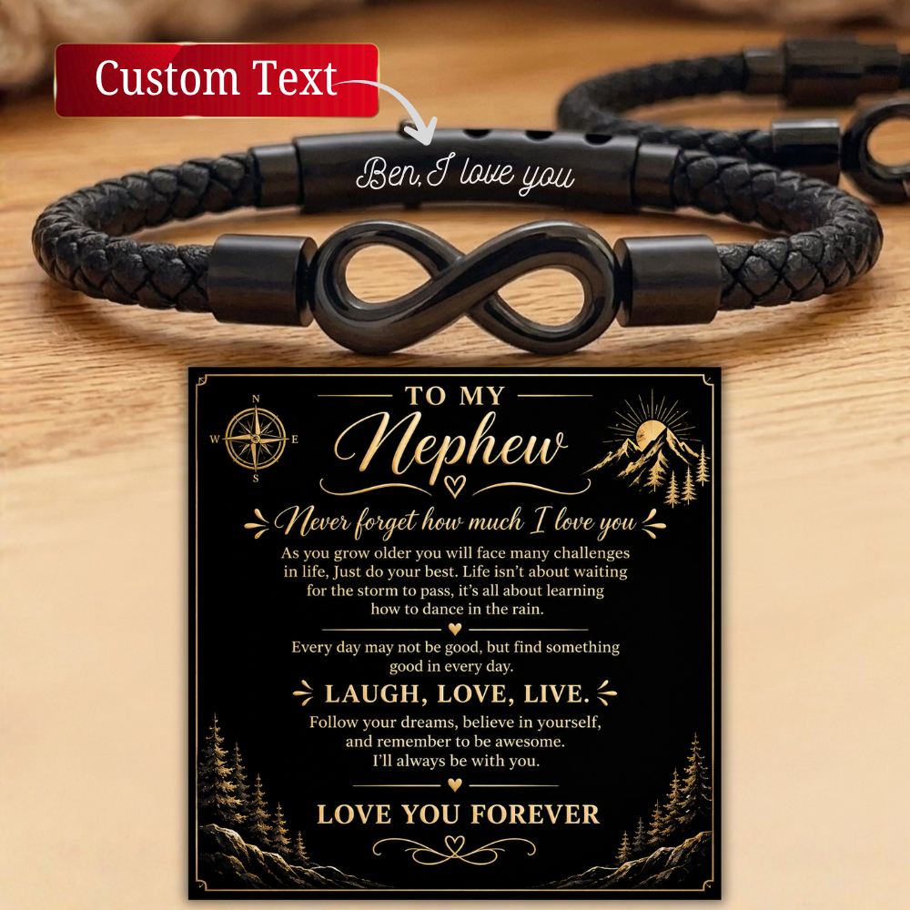 Christmas Gift for Nephew Personalized Black Braided Leather Infinity Bracelet To My Nephew Card Birthday Christmas Gift for Nephew Jewelry