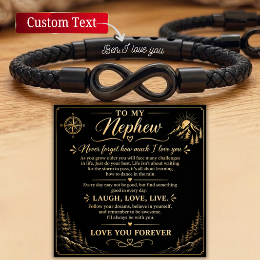 Christmas Gift for Nephew Personalized Black Braided Leather Infinity Bracelet To My Nephew Card Birthday Christmas Gift for Nephew Jewelry