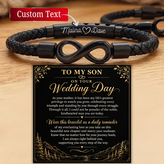Wedding Gift for Son Personalized Black Leather Infinity Bracelet To My Son On Your Wedding Day Card Wedding day Gift Groom Gift from Mom