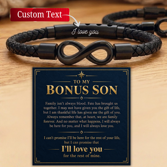 To My Bonus Son Bracelet Personalized Gift from Mom Dad, Stepson Infinity Bracelet Message Card, Bonus Son Christmas Jewelry Custom Name