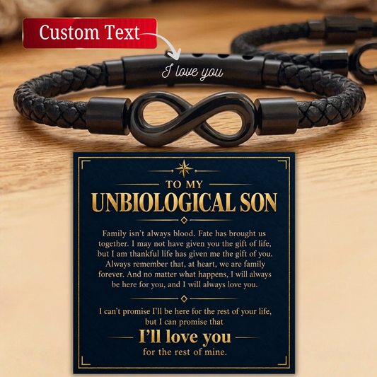 Personalized Unbiological Son Bracelet Gift from Mom Dad, Unbiological Son Infinity Bracelet Message Card, Bonus Son Christmas Jewelry Gift