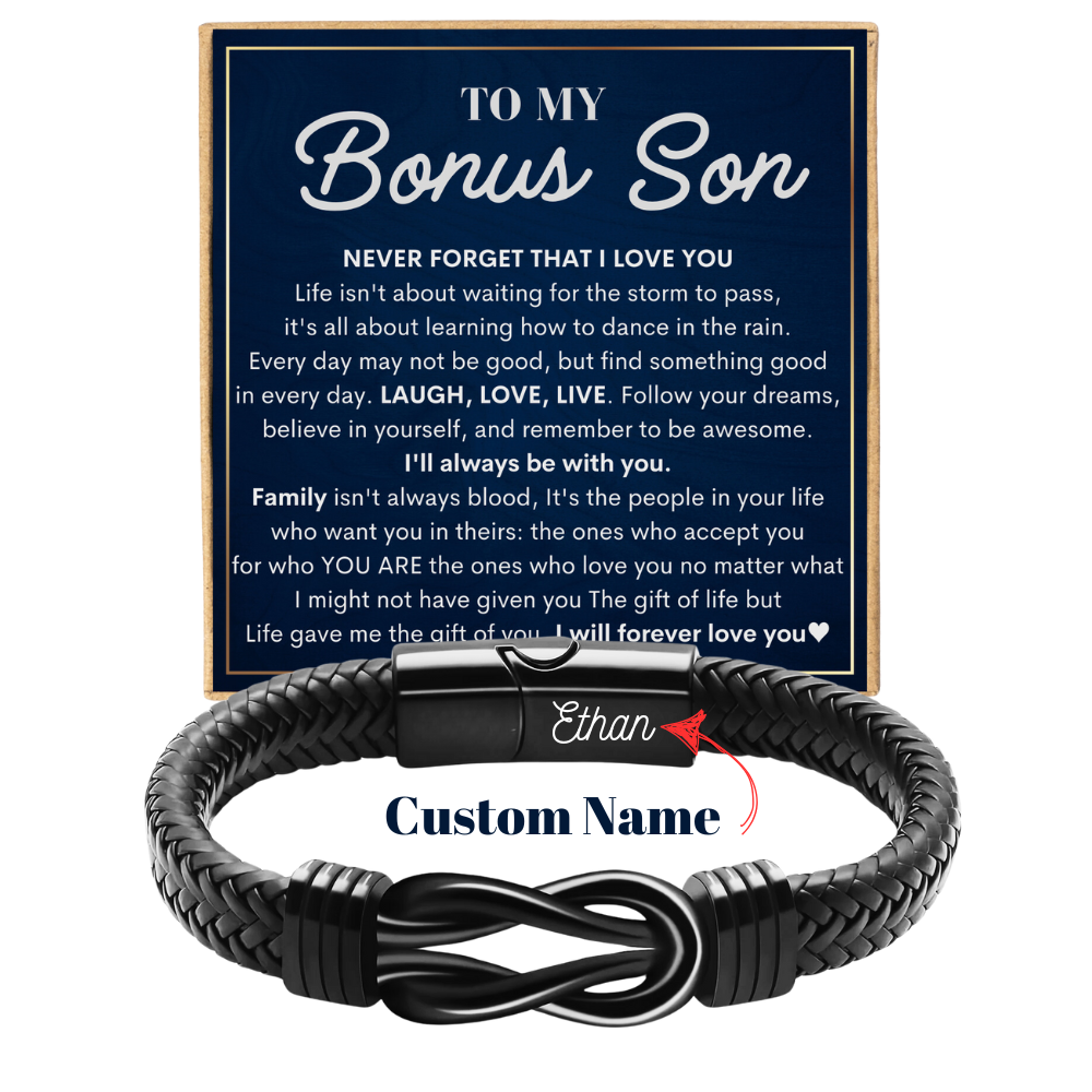 Personalized To My Bonus Son Bracelet – Custom Name Engraved Black Braided Bracelet with Heartfelt Message Card – Stepson Gift for Birthday, Graduation, Christmas – Sentimental Keepsake Jewelry
